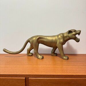 Substantial Vintage Modern Brass Panther Cat Sculpture